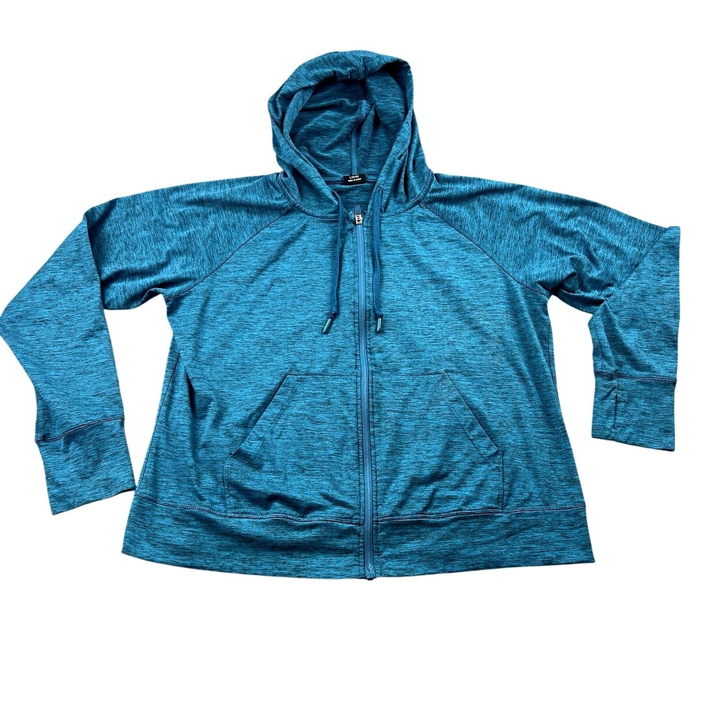 Athletic Works Hoodie Jacket‎ Womens L 12-14 Teal Full Zip Thumbholes Pockets